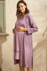 Lace Sleeve Maternity-Nursing Nightgown & Robe Set Purple - 5776