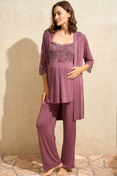 Lace Shoulder 3-Piece Maternity-Nursing Pajama & Robe Set Plum - 5778