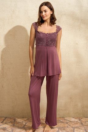 Lace Shoulder 3-Piece Maternity-Nursing Pajama & Robe Set Plum - 5778
