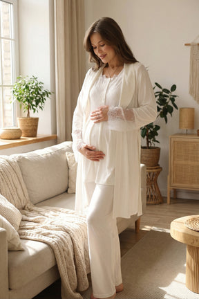 Lace Sleeve 3-Piece Maternity-Nursing Pajama & Robe Set Ecru - 577