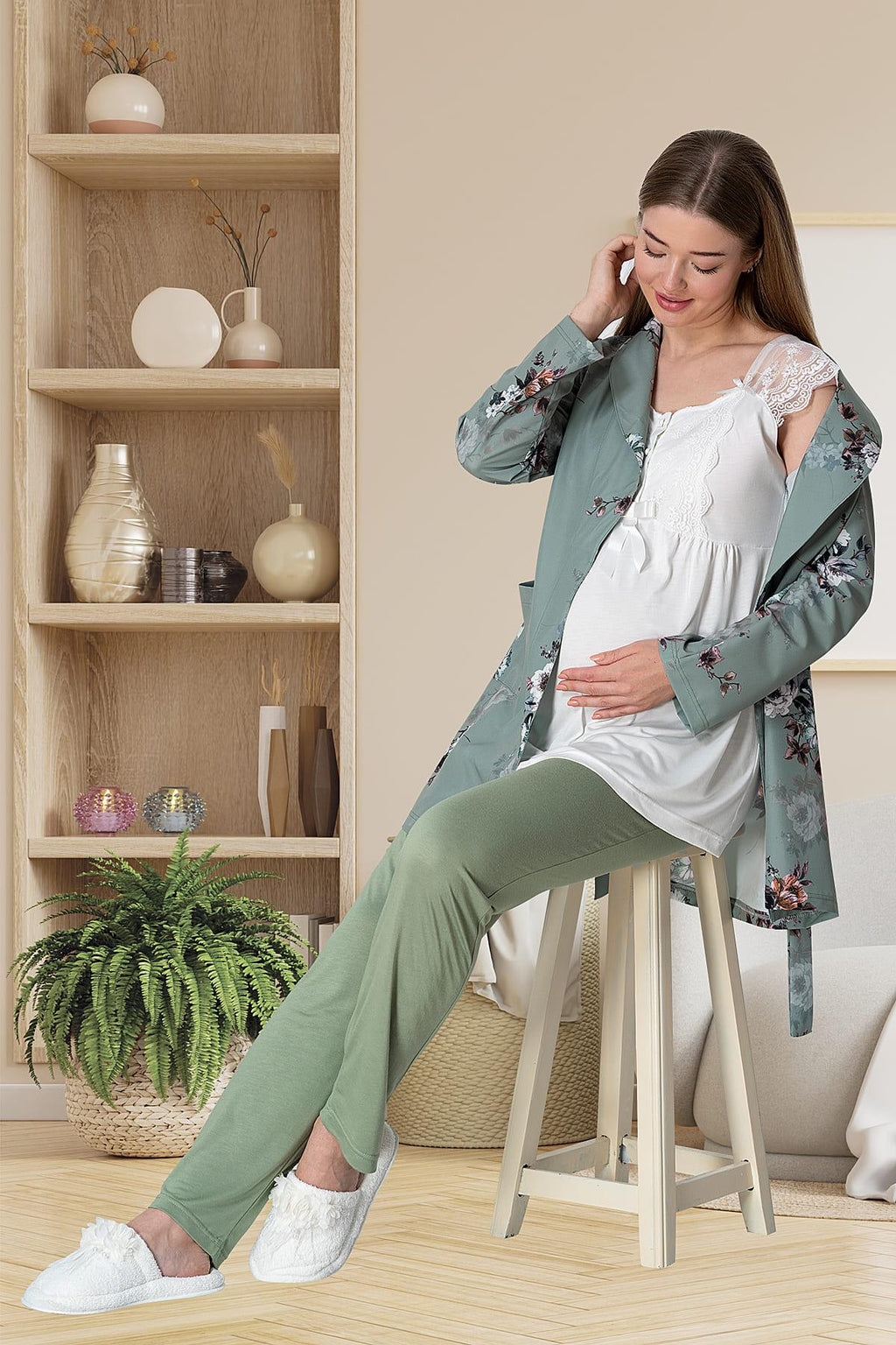 Guipure 3-Piece Maternity Feeding-Friendly Pajama & Pattern Robe Set Green - C5804