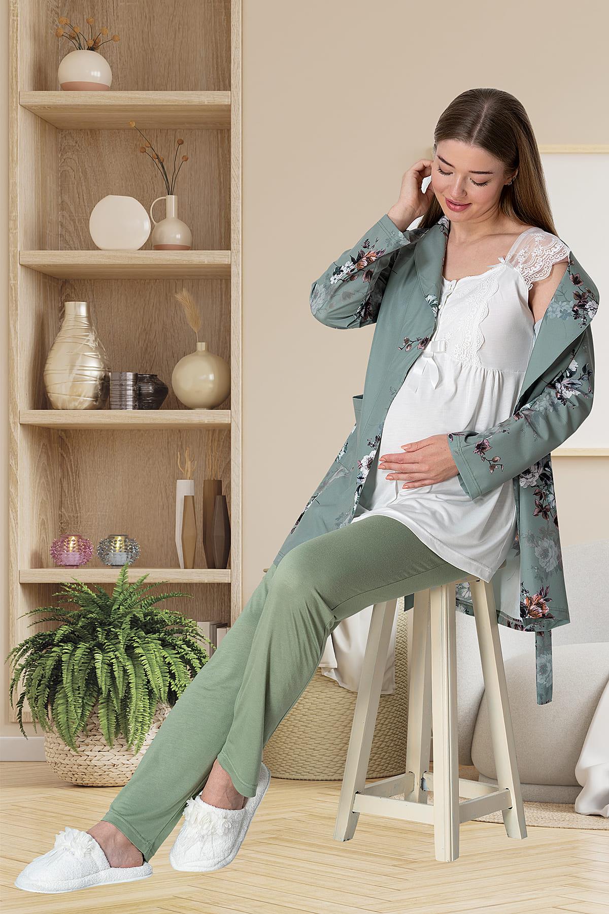 Guipure 3-Piece Maternity Feeding-Friendly Pajama & Pattern Robe Set Green - C5804