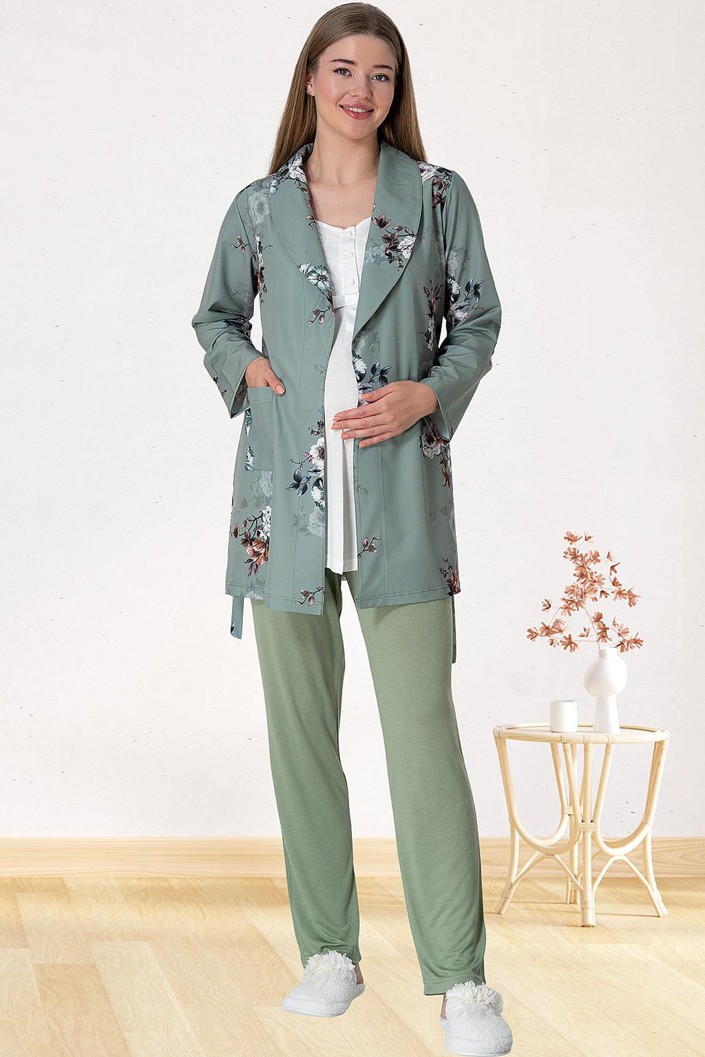 Guipure 3-Piece Maternity Feeding-Friendly Pajama & Pattern Robe Set Green - C5804