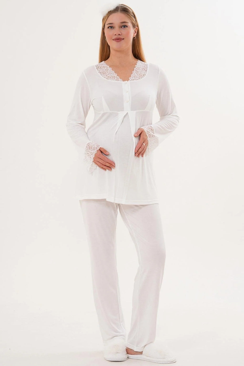 Lace Sleeve and Collar 4-Piece Maternity-Nursing Set Ecru - 6332
