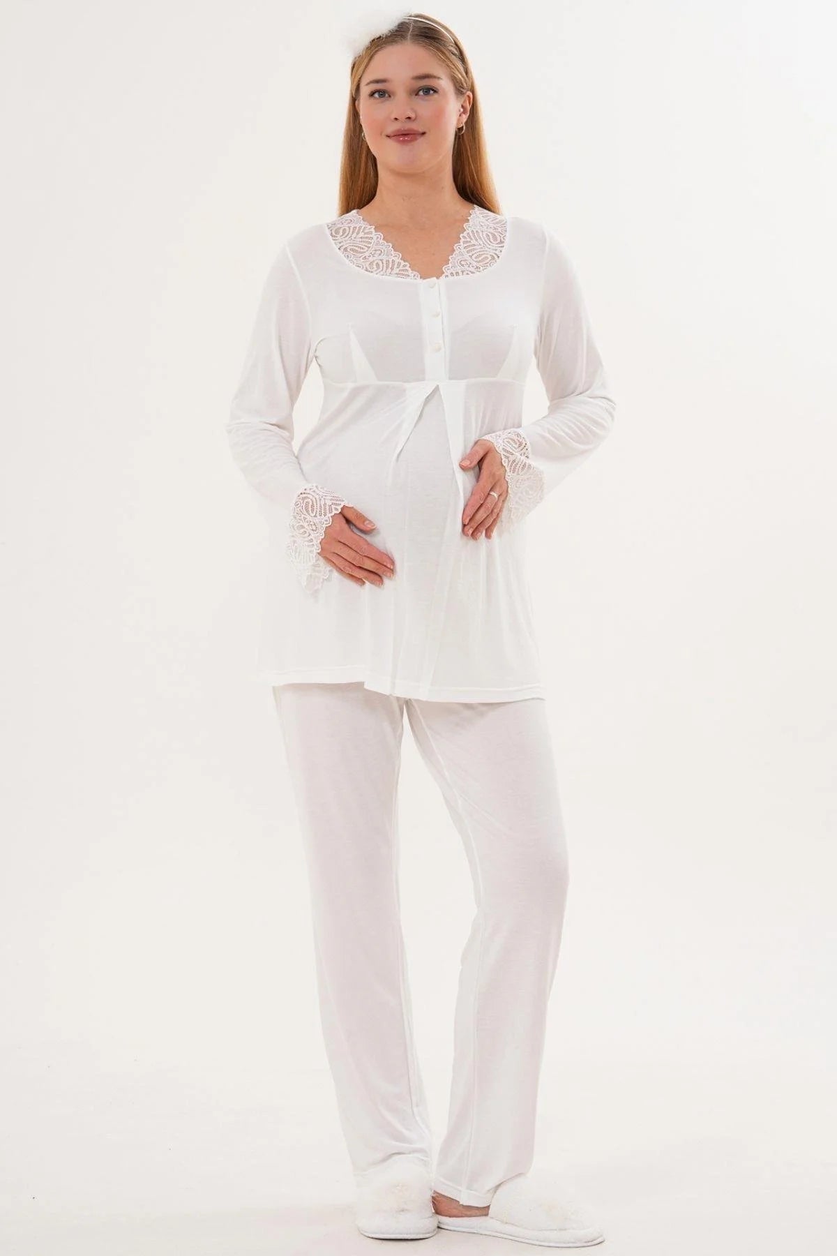 Lace Sleeve and Collar 3-Piece Maternity-Nursing Pajama & Lace Sleeve Robe Set Ecru - 6330