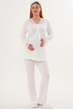 Lace Sleeve and Collar 3-Piece Maternity-Nursing Pajama & Lace Sleeve Robe Set Ecru - 6330