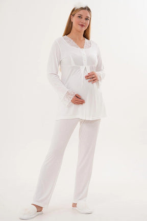 Lace Sleeve and Collar Maternity & Nursing Pajama Set Ecru - 5808