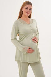 Lace Sleeve and Collar Maternity & Nursing Pajama Set Green - 5808