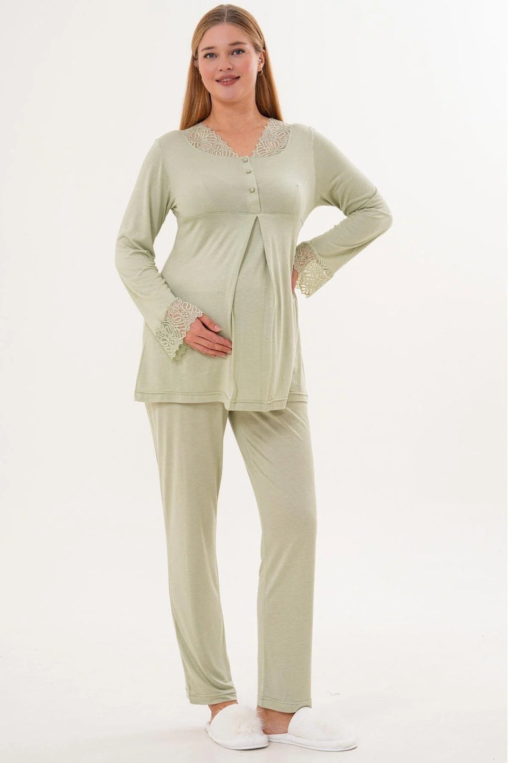 Lace Sleeve and Collar 3-Piece Maternity-Nursing Pajama & Lace Sleeve Robe Set Green - 6330