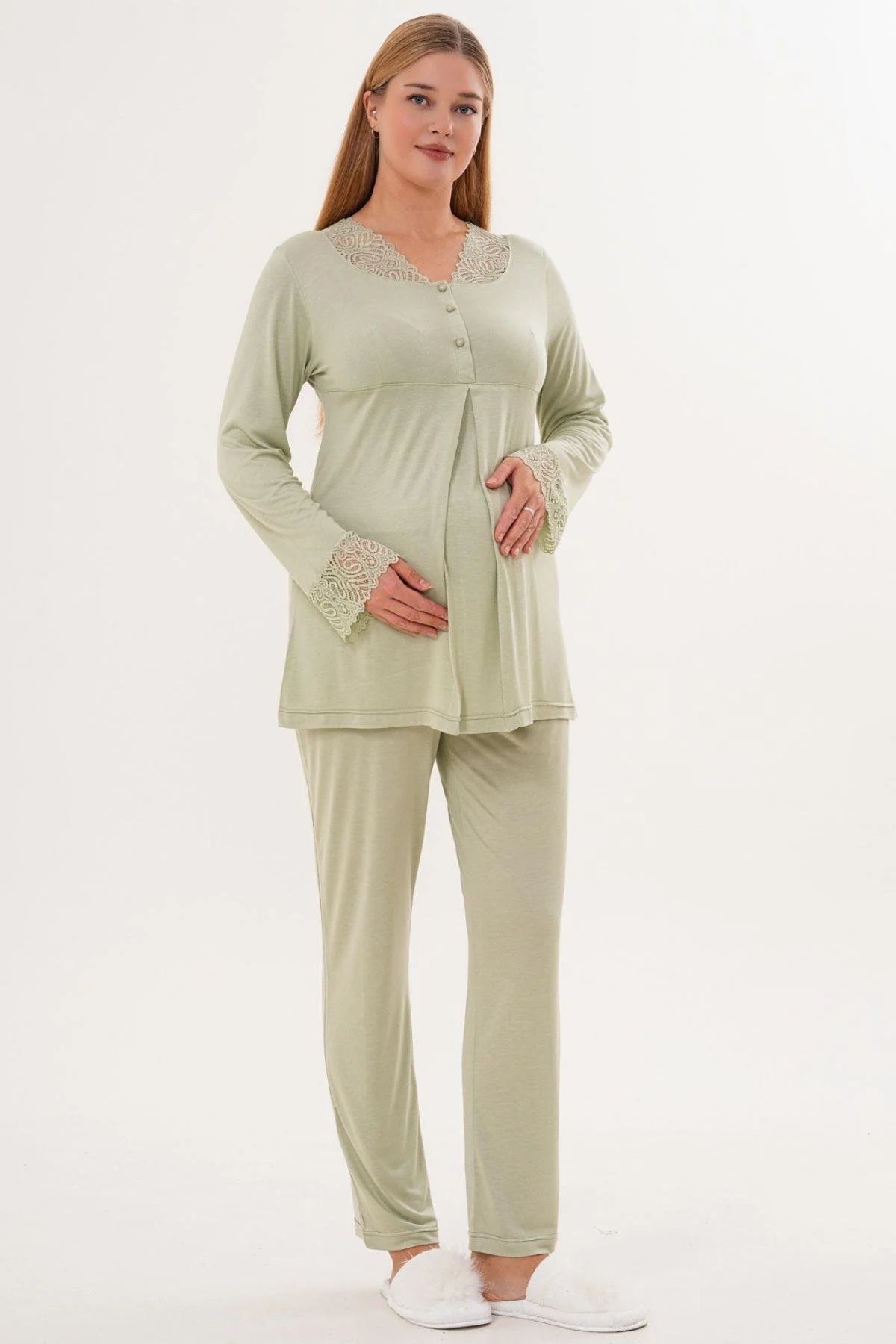 Lace Sleeve and Collar Maternity & Nursing Pajama Set Green - 5808