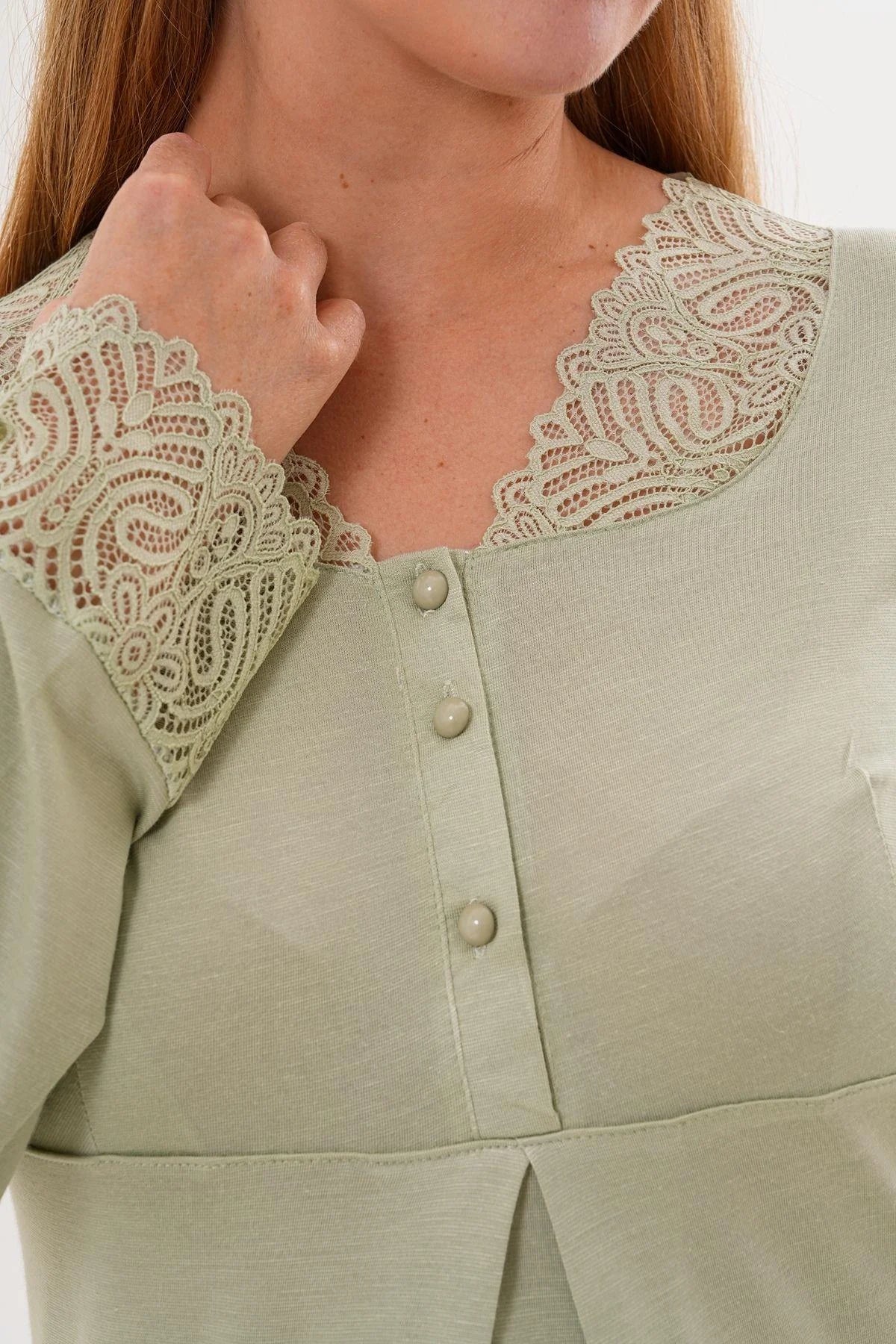 Lace Sleeve and Collar Maternity & Nursing Pajama Set Green - 5808