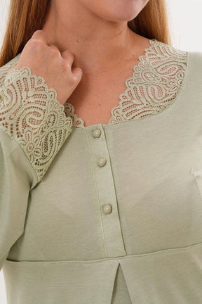 Lace Sleeve and Collar Maternity & Nursing Pajama Set Green - 5808