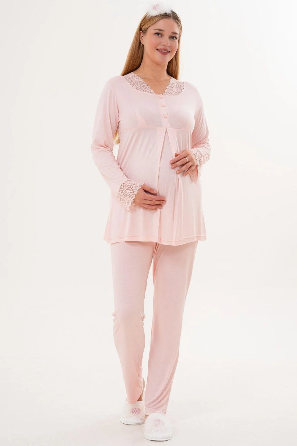 Lace Sleeve and Collar Maternity & Nursing Pajama Set (with Scarf) Powder - 5808s