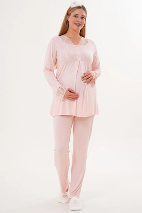 Lace Sleeve and Collar Maternity & Nursing Pajama Set Powder - 5808