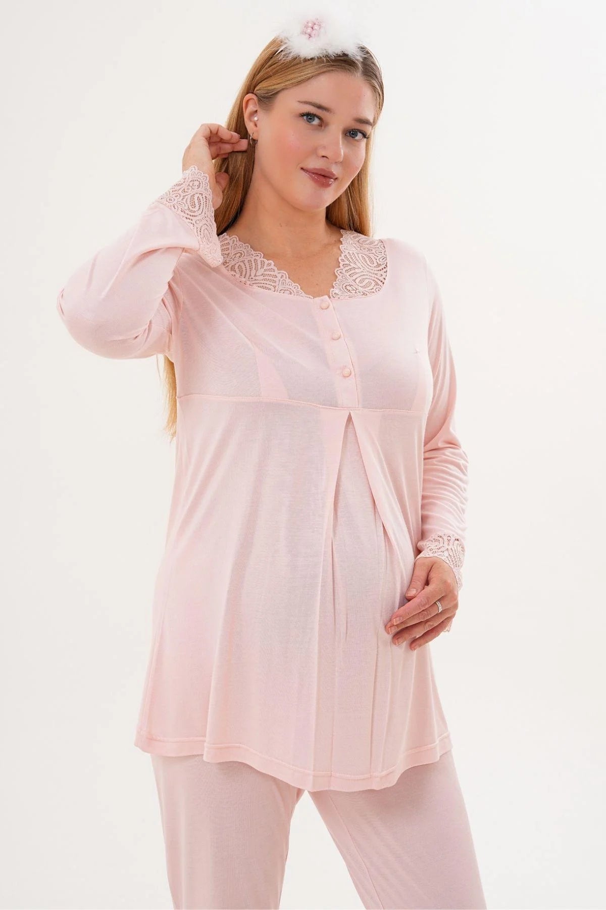 Lace Sleeve and Collar Maternity & Nursing Pajama Set Powder - 5808