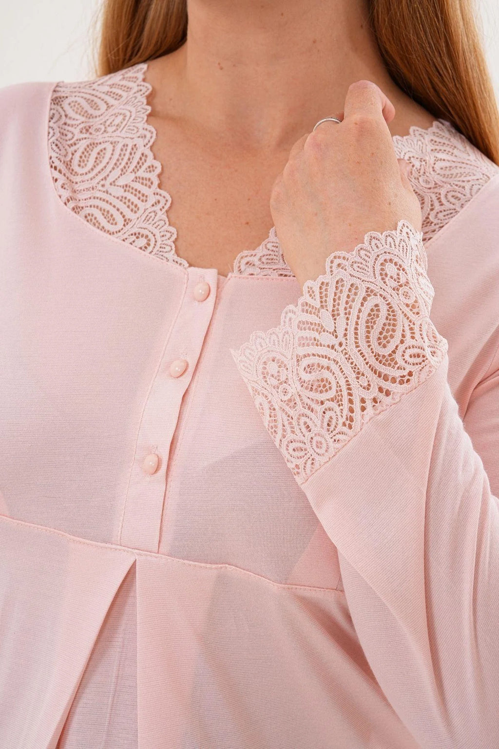 Lace Sleeve and Collar Maternity & Nursing Pajama Set (with Scarf) Powder - 5808s