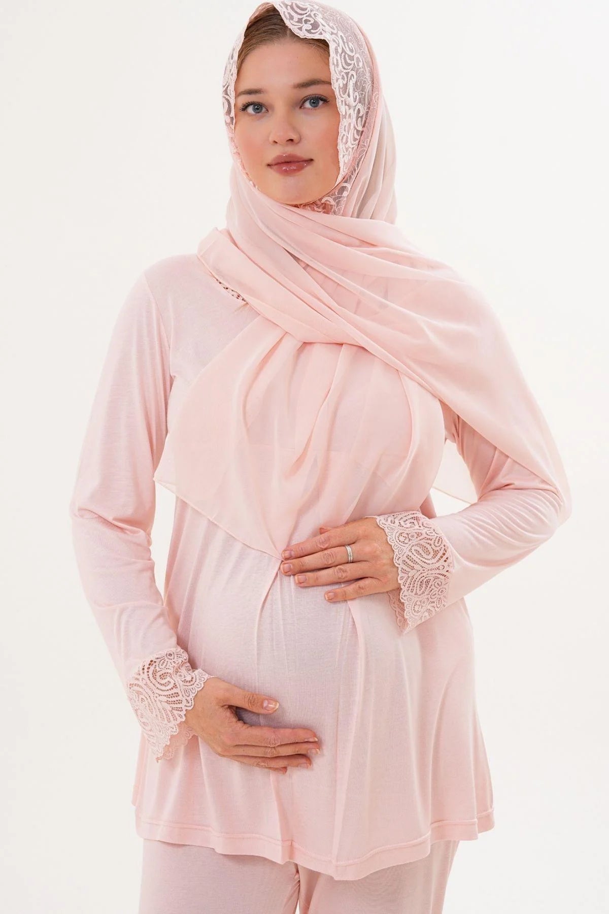 Lace Sleeve and Collar Maternity & Nursing Pajama Set (with Scarf) Powder - 5808s
