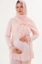 Lace Sleeve and Collar Maternity & Nursing Pajama Set (with Scarf) Powder - 5808s