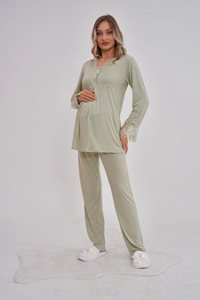 Lace Collar Maternity & Nursing Pajama Set Green - 5808