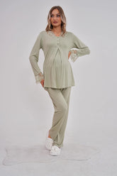 Lace Collar Maternity & Nursing Pajama Set Green - 5808