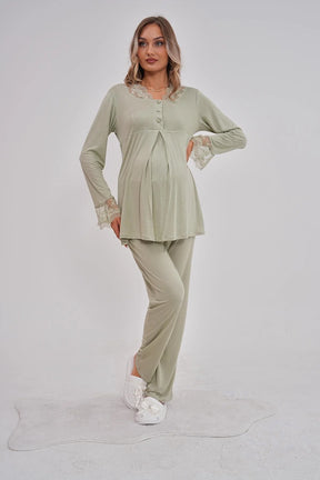 Lace Collar Maternity & Nursing Pajama Set Green - 5808