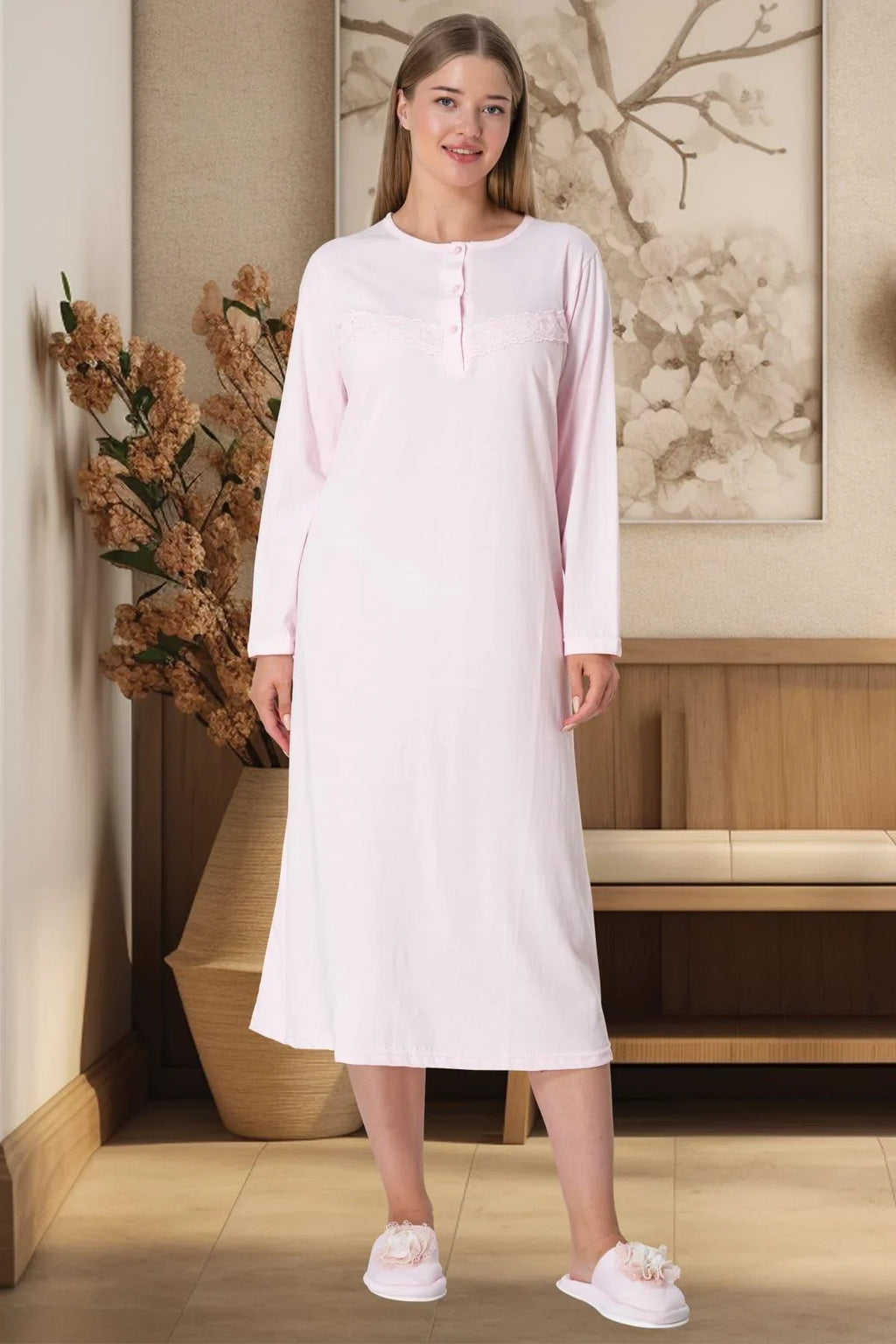 Guipure Plus Size Maternity & Nursing Nightgown Pink - 5824