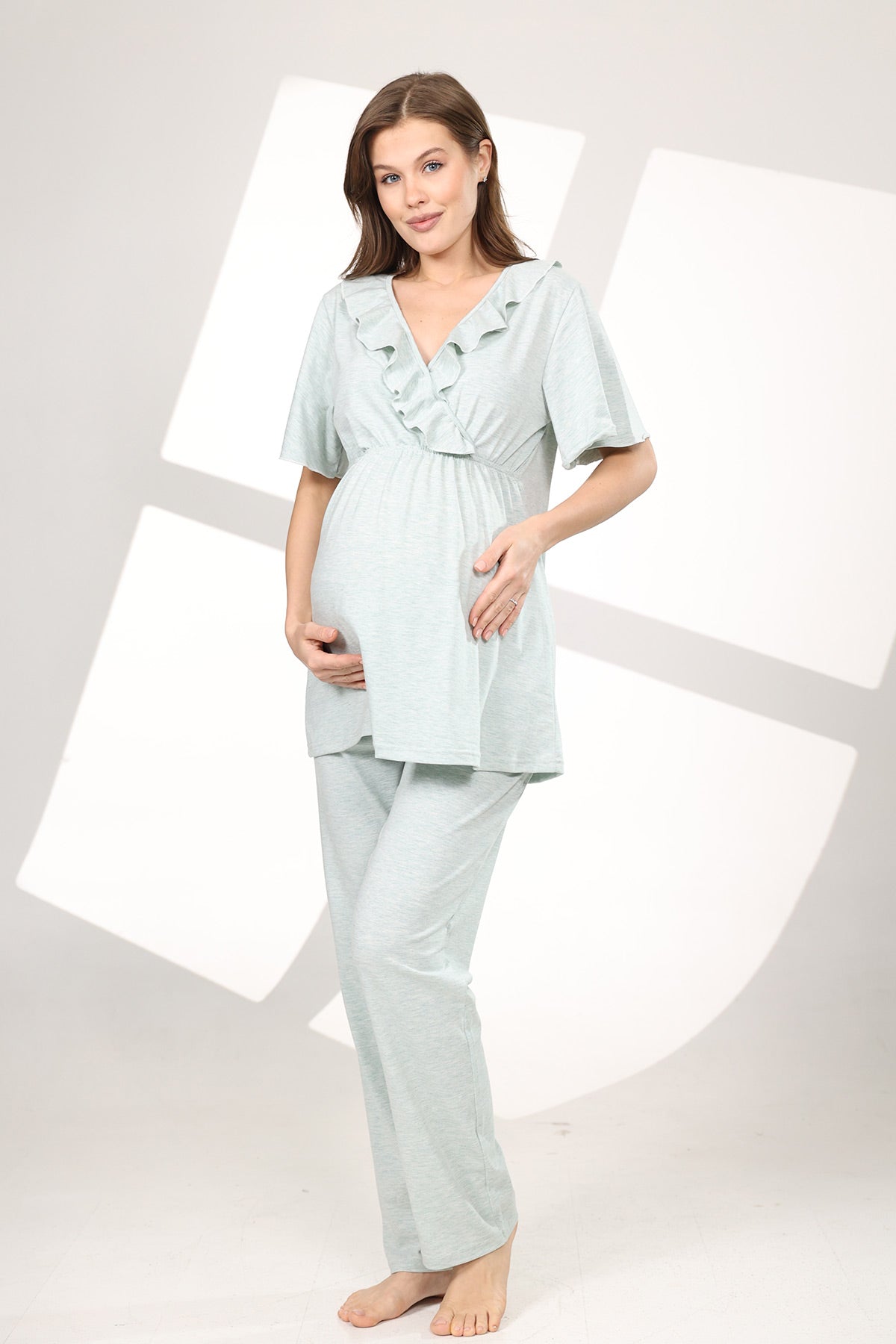 Pleated Breastfeeding Detailed 3-Piece Maternity-Nursing Pajama & Flywheel Arm Robe Set Green - 584