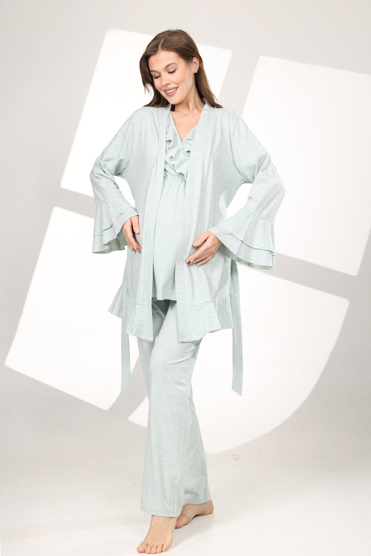 Pleated Breastfeeding Detailed 3-Piece Maternity-Nursing Pajama & Flywheel Arm Robe Set Green - 584
