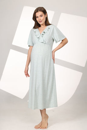 Pleated Breastfeeding Detailed Maternity-Nursing Nightgown & Flywheel Arm Robe Set Green - 590
