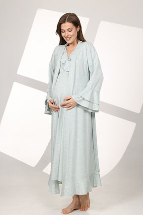 Pleated Breastfeeding Detailed Maternity-Nursing Nightgown & Flywheel Arm Robe Set Green - 590