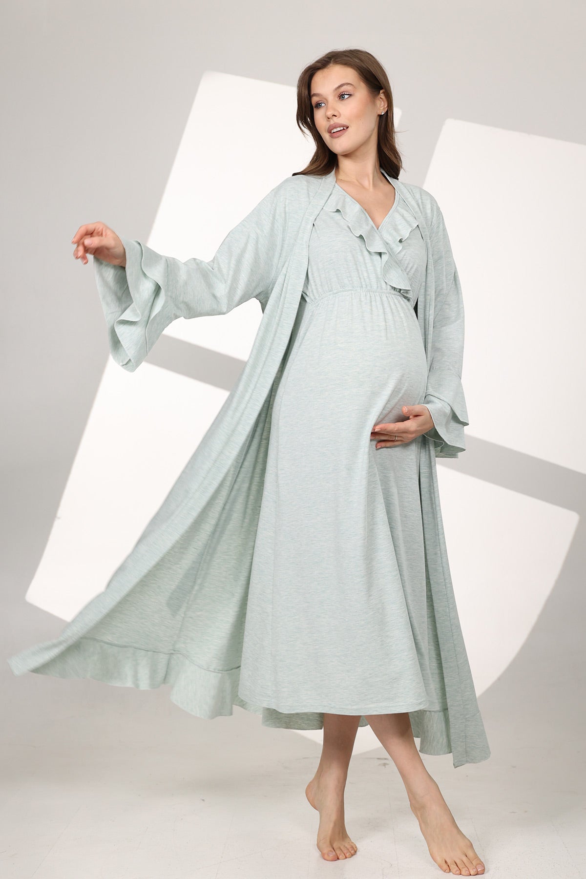Pleated Breastfeeding Detailed Maternity-Nursing Nightgown & Flywheel Arm Robe Set Green - 590