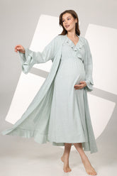 Pleated Breastfeeding Detailed Maternity-Nursing Nightgown & Flywheel Arm Robe Set Green - 590