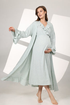 Pleated Breastfeeding Detailed Maternity-Nursing Nightgown & Flywheel Arm Robe Set Green - 590