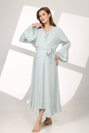 Pleated Breastfeeding Detailed Maternity-Nursing Nightgown & Flywheel Arm Robe Set Green - 590