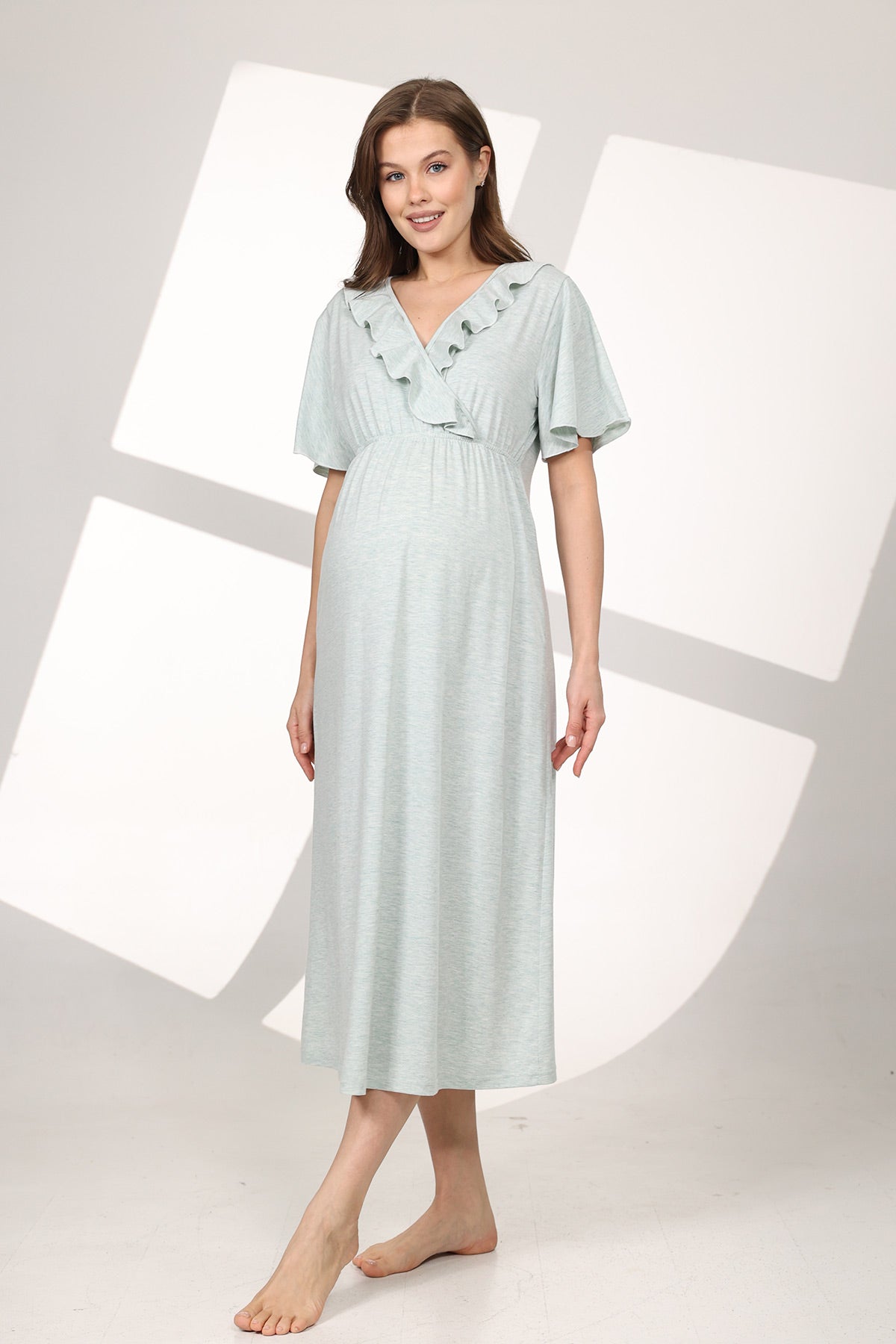 Pleated Breastfeeding Detailed Maternity-Nursing Nightgown & Flywheel Arm Robe Set Green - 590
