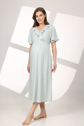Pleated Breastfeeding Detailed Maternity-Nursing Nightgown & Flywheel Arm Robe Set Green - 590