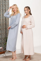 Lace Collar and Sleeve Maternity & Nursing Nightgown - 5911
