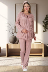 Lace Sleeve 3-Pieces Maternity & Nursing Pajamas With Plush Robe Powder - 5911