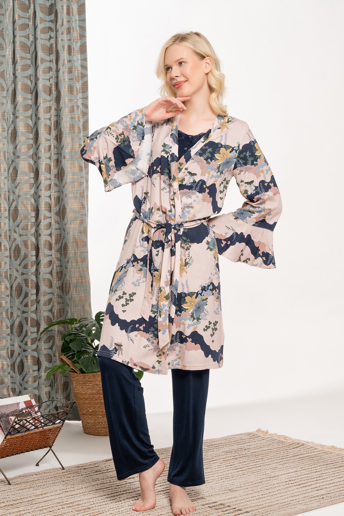 Lace Detailed 3-Piece Maternity-Nursing Pajama & Patterned Robe Set Navy Blue - 5932