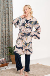 Lace Detailed 3-Piece Maternity-Nursing Pajama & Patterned Robe Set Navy Blue - 5932