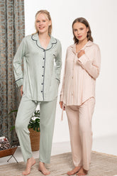 Heart and Square Patterned Maternity & Nursing Pajama Set - 5935