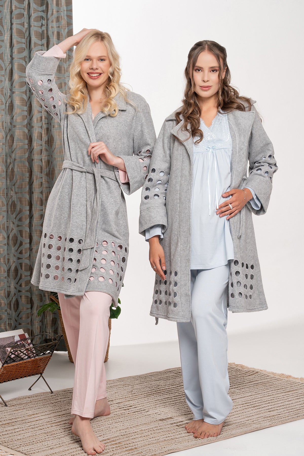 Lace Collar 3-Piece Maternity-Nursing Pajama & Polar Robe Set - 5940