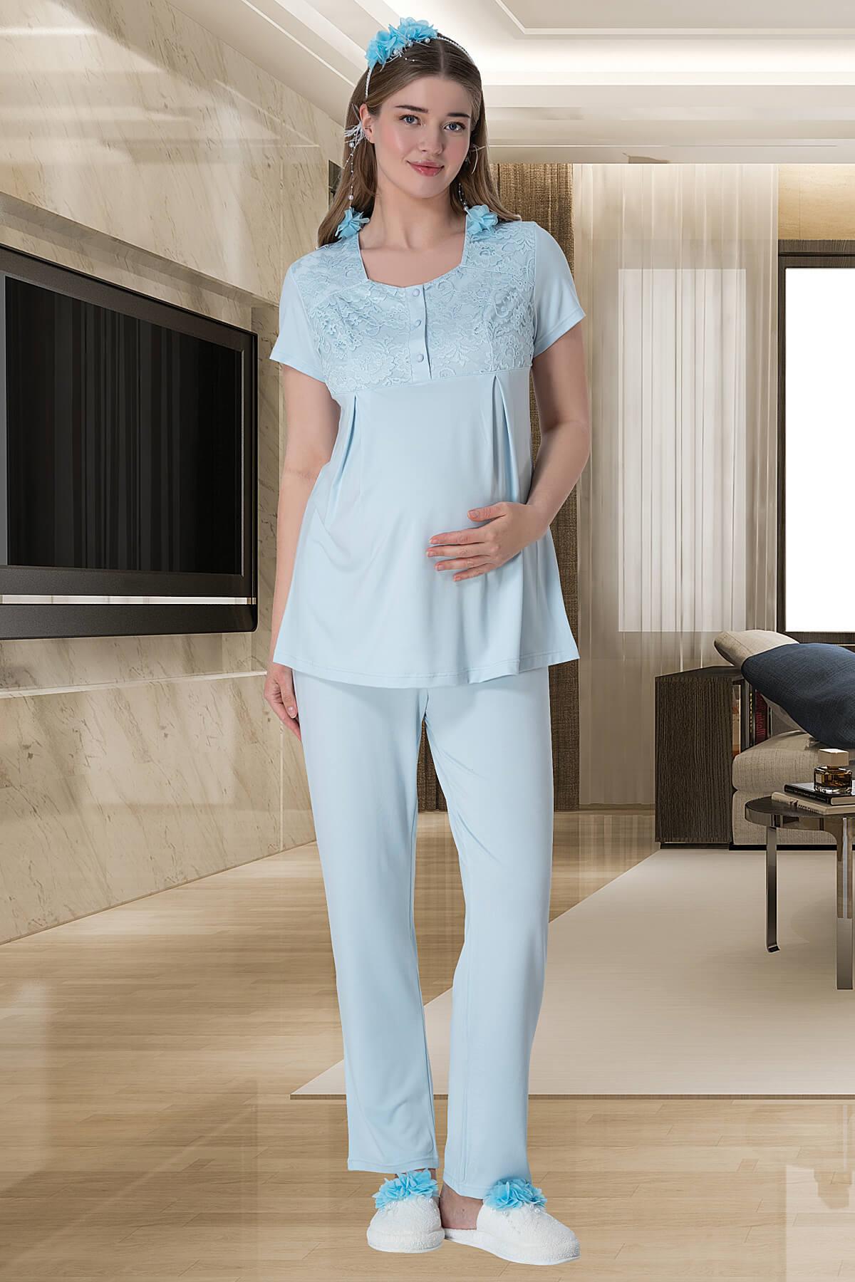 Lace 3-Piece Maternity-Nursing Pajama & Long Lez Lacy Robe Set Blue - 6000