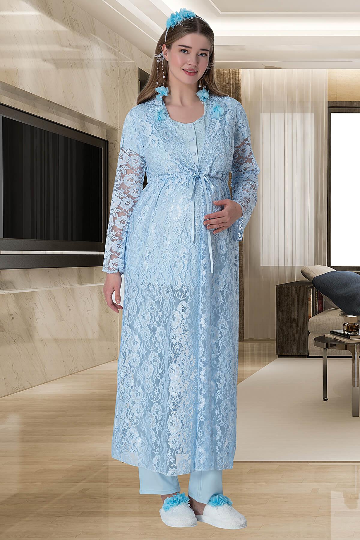 Lace 3-Piece Maternity-Nursing Pajama & Long Lez Lacy Robe Set Blue - 6000