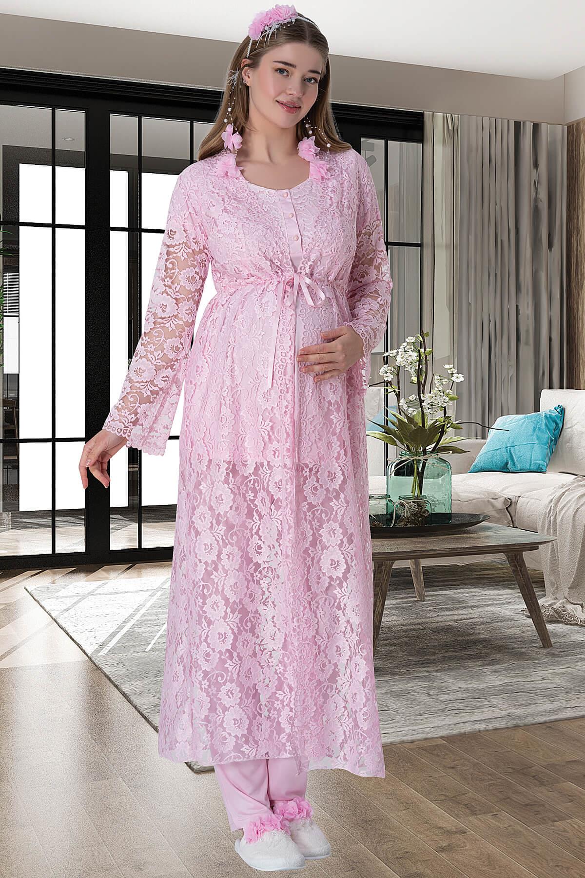Lace Long Lez Lacy 4-Piece Maternity-Nursing Set Pink - 6060
