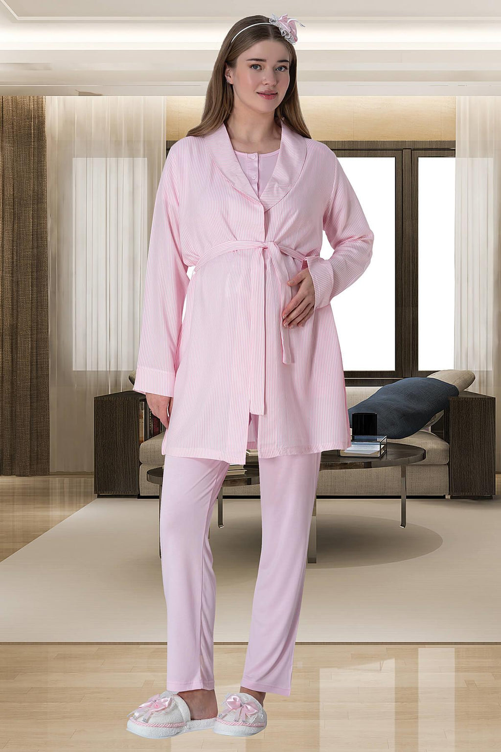 Bow 3-Piece Maternity Feeding-Friendly Pajama & Striped Robe Set Pink - C6001
