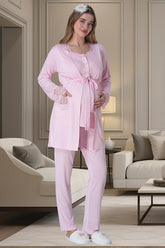 Lace Collar 3-Pieces Maternity & Nursing Pajamas With Robe Pink - 6002