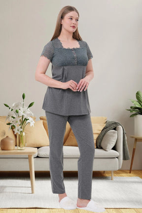 Lace Shoulder 3-Piece Maternity-Nursing Pajama & Robe Set Charcoal - 6003
