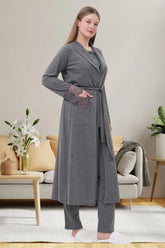 Lace Shoulder 3-Piece Maternity-Nursing Pajama & Robe Set Charcoal - 6003