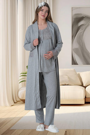 Lace Shoulder 3-Piece Maternity-Nursing Pajama & Robe Set Grey - 6003